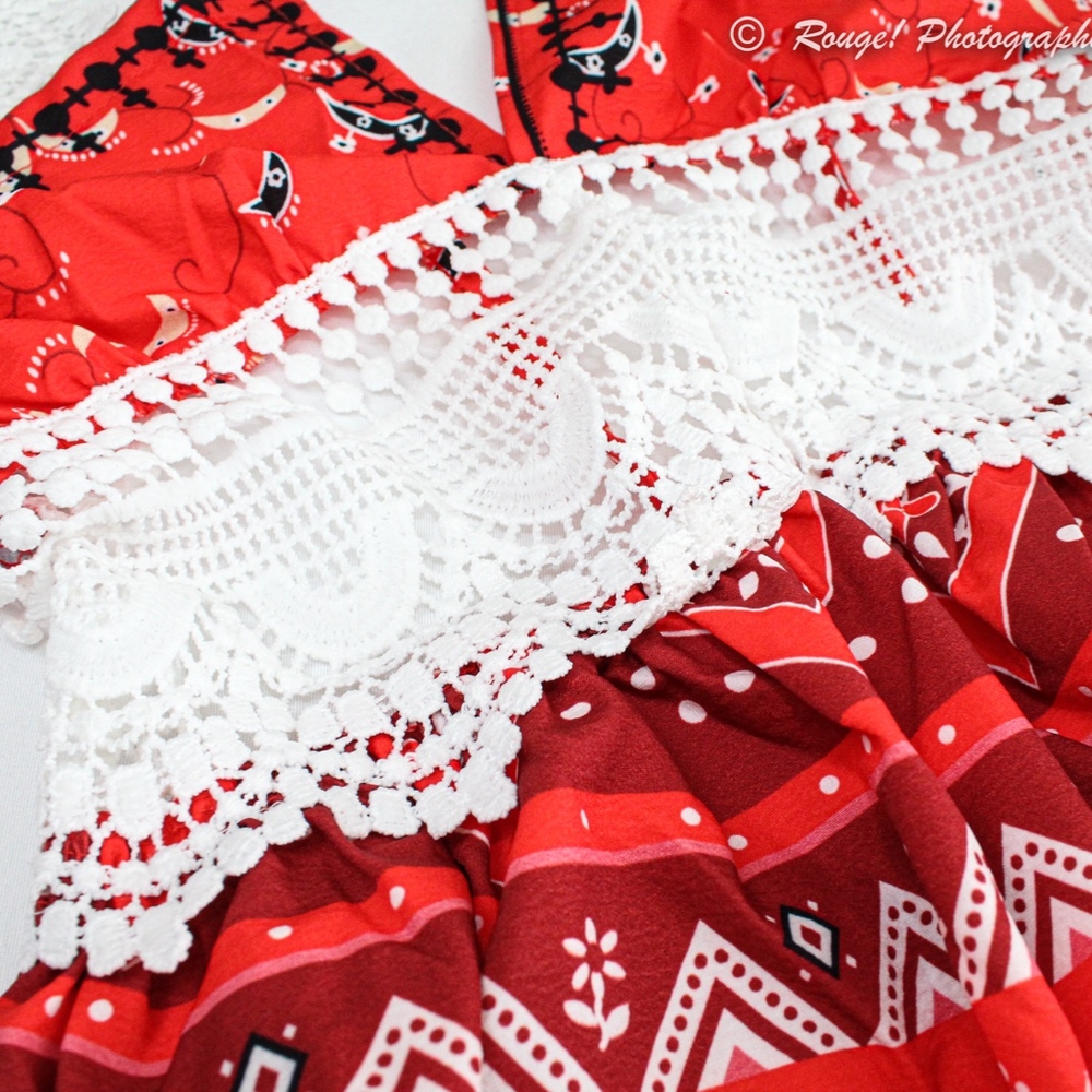 Boho Crochet Backless Red Printed Mini Cami Dress - Picture 5 of 8